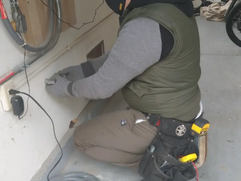 Electrician performing outlet wiring in a Haledon garage